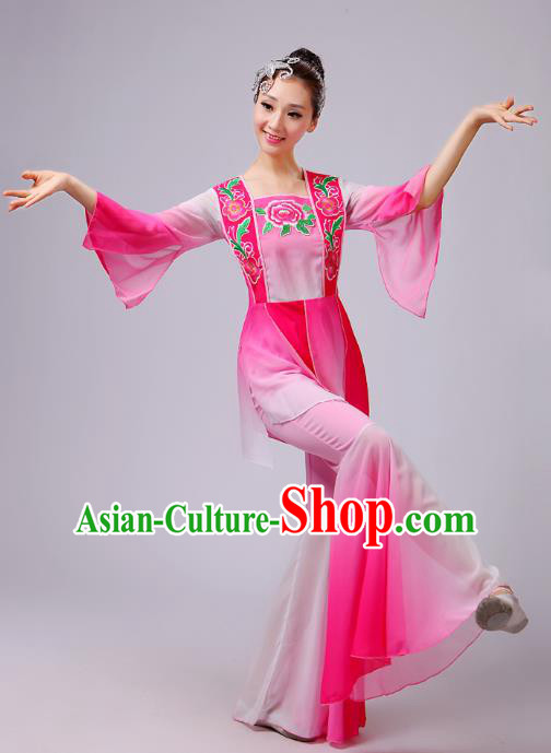 Traditional Chinese Yangge Dance Pink Costume, Folk Lotus Dance Uniform Classical Umbrella Dance Embroidery Clothing for Women