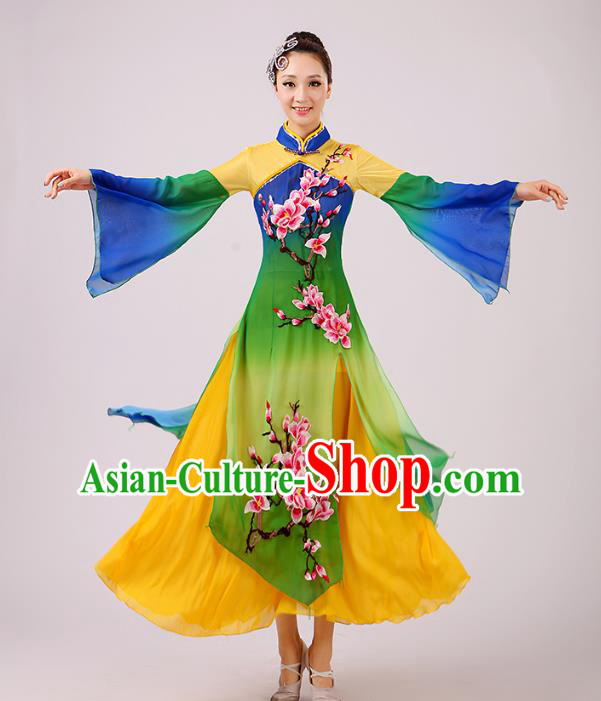 Traditional Chinese Umbrella Dance Green Embroidered Peach Blossom Costume, Folk Dance Uniform Classical Dance Dress Clothing for Women