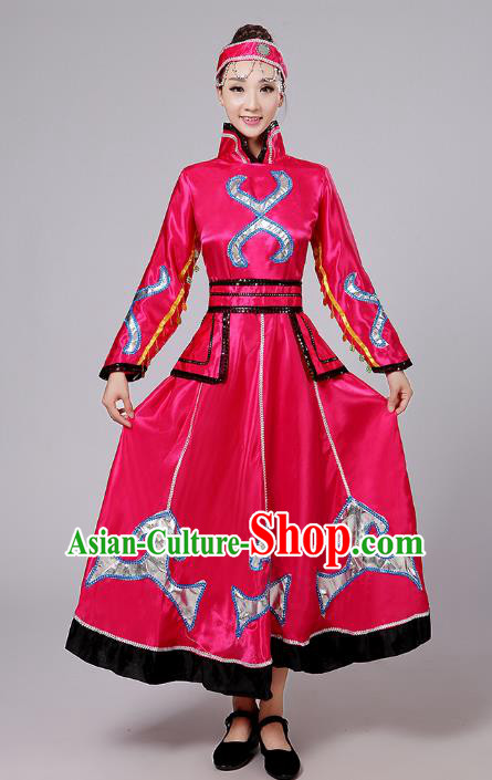 Traditional Chinese Mongol Nationality Dance Costume, China Mongolian Minority Embroidery Rosy Dress Clothing for Women