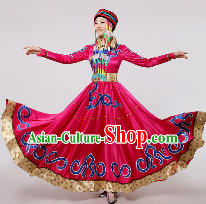 Traditional Chinese Mongol Nationality Dance Rosy Costume, China Mongolian Minority Embroidery Long Dress Clothing for Women