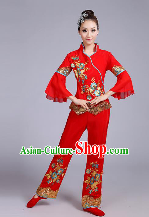 Traditional Chinese Classical Yanko Dance Embroidered Peony Red Costume, Folk Yangge Dance Uniform Drum Dance Clothing for Women