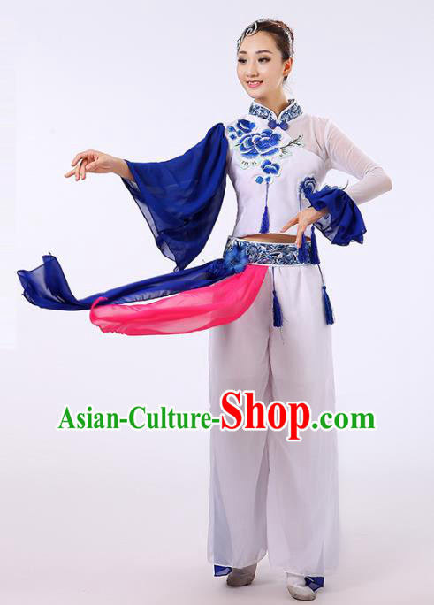 Traditional Chinese Classical Yanko Dance Embroidered Peony Costume, Folk Yangge Fan Dance Uniform Lotus Dance Clothing for Women