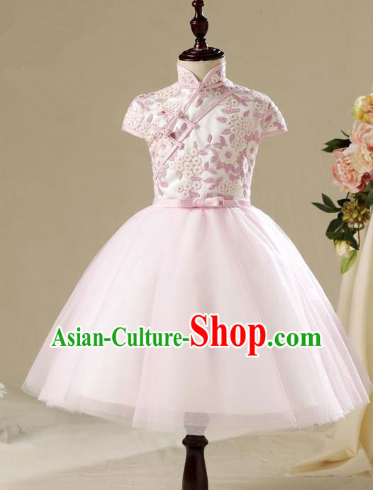 Children Modern Dance Flower Fairy Costume Pink Cheongsam, Performance Model Show Clothing Princess Bubble Dress for Girls