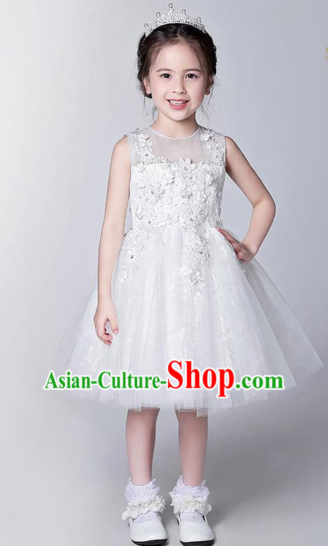 Children Modern Dance Flower Fairy Costume White Bubble Dress, Performance Model Show Clothing Princess Veil Dress for Girls