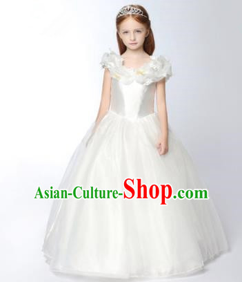 Children Modern Dance Flower Fairy Costume White Long Bubble Dress, Performance Model Show Clothing Princess Veil Full Dress for Girls