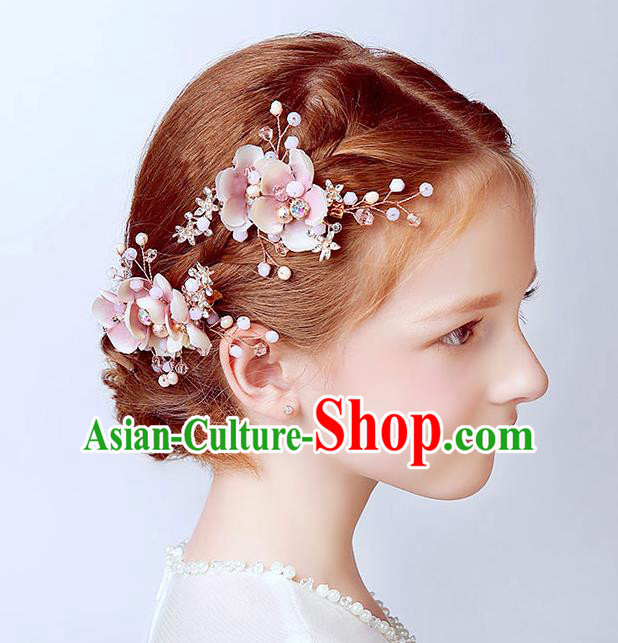 Handmade Children Hair Accessories Crystal Hair Stick, Princess Model Show Headwear Pink Flowers Hair Clasp for Kids