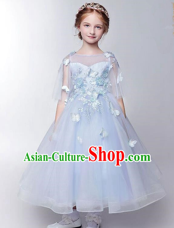 Children Modern Dance Costume Blue Bubble Dress, Ceremonial Occasions Model Show Princess Veil Full Dress for Girls