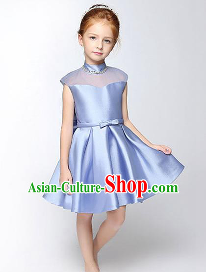 Children Modern Dance Flower Fairy Costume Blue Dress, Performance Model Show Clothing Princess Short Full Dress for Girls