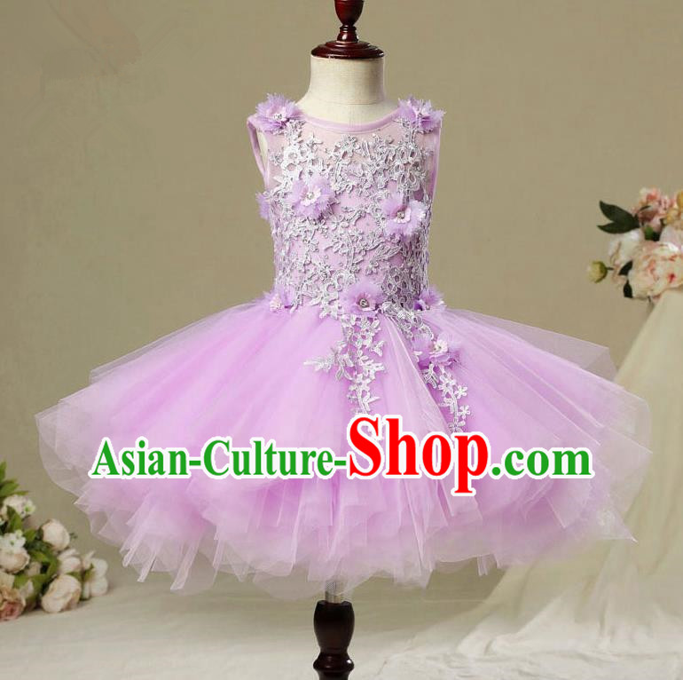 Children Modern Dance Costume Purple Short Bubble Dress, Ceremonial Occasions Model Show Princess Veil Full Dress for Girls