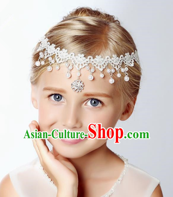 Handmade Children Hair Accessories Crystal Lace Forehead Ornament, Princess Model Show Headwear Hair Clasp for Kids