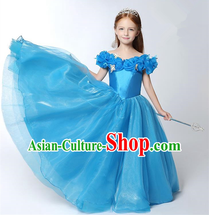 Children Modern Dance Flower Fairy Costume Blue Bubble Dress, Performance Model Show Clothing Princess Veil Full Dress for Girls