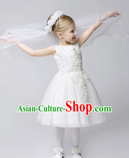 Children Modern Dance Costume White Embroidery Bubble Dress, Ceremonial Occasions Model Show Princess Veil Full Dress for Girls