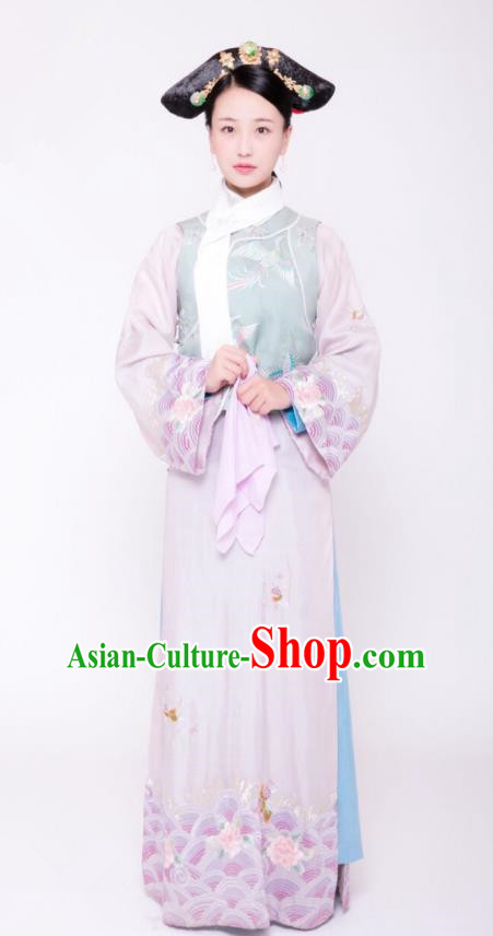 Traditional Chinese Ancient Palace Lady Costume, Qing Dynasty Manchu Court Maid Embroidered Clothing and Handmade Headpiece Complete Set