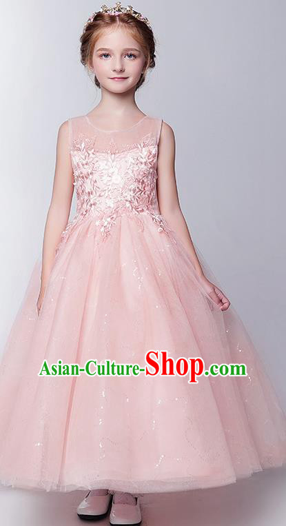 Children Modern Dance Costume Embroidery Christmas Pink Bubble Dress, Ceremonial Occasions Performance Princess Long Full Dress for Girls
