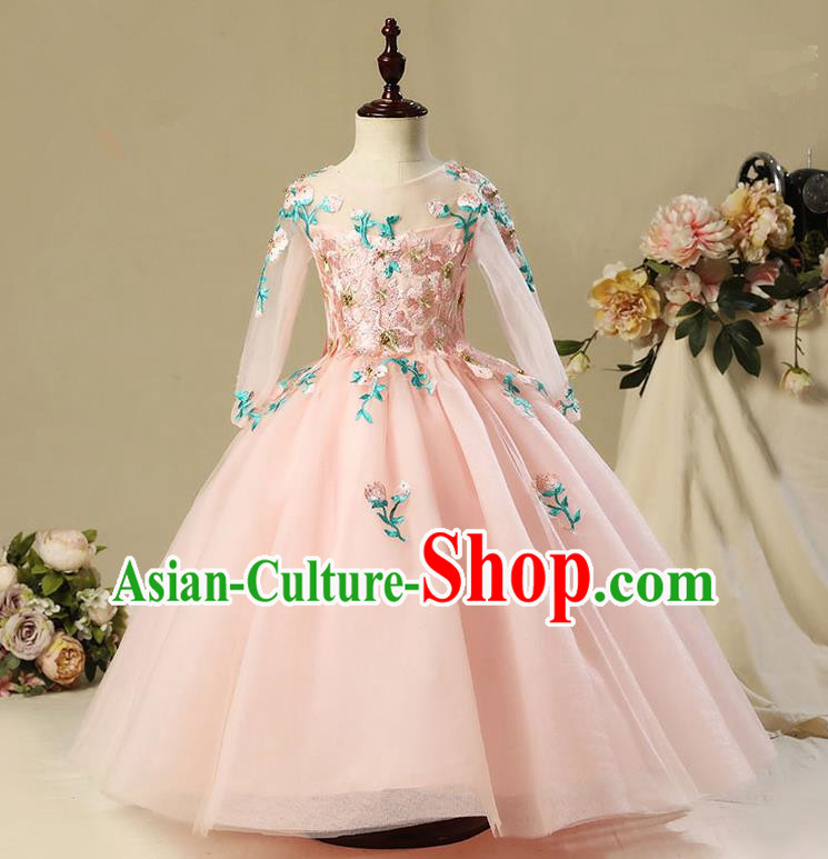 Children Model Show Dance Costume Embroidery Christmas Pink Long Sleeve Dress, Ceremonial Occasions Catwalks Princess Full Dress for Girls