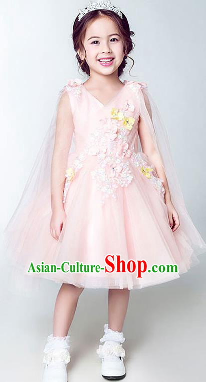 Children Model Show Dance Costume Embroidery Pink Bubble Dress, Ceremonial Occasions Catwalks Princess Short Full Dress for Girls