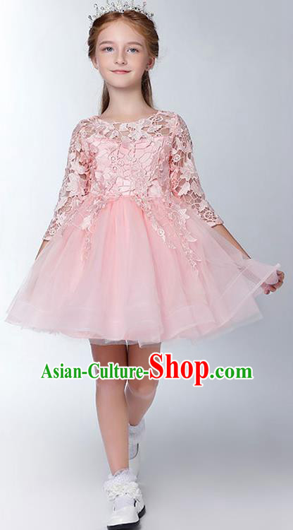 Children Model Show Dance Costume Embroidered Pink Lace Dress, Ceremonial Occasions Catwalks Princess Full Dress for Girls