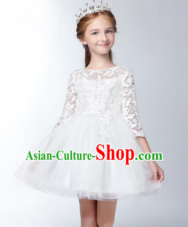 Children Model Show Dance Costume Embroidered White Lace Dress, Ceremonial Occasions Catwalks Princess Full Dress for Girls