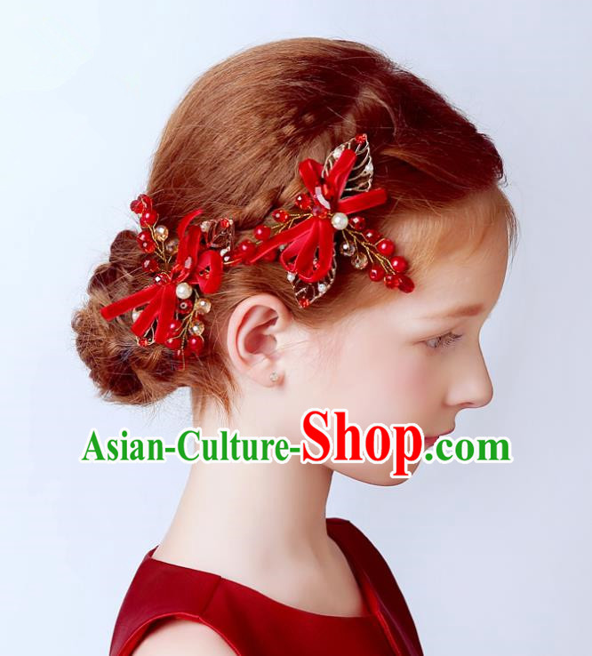 Handmade Children Hair Accessories Red Bowknot Pearls Hair Stick, Princess Halloween Model Show Headwear for Kids