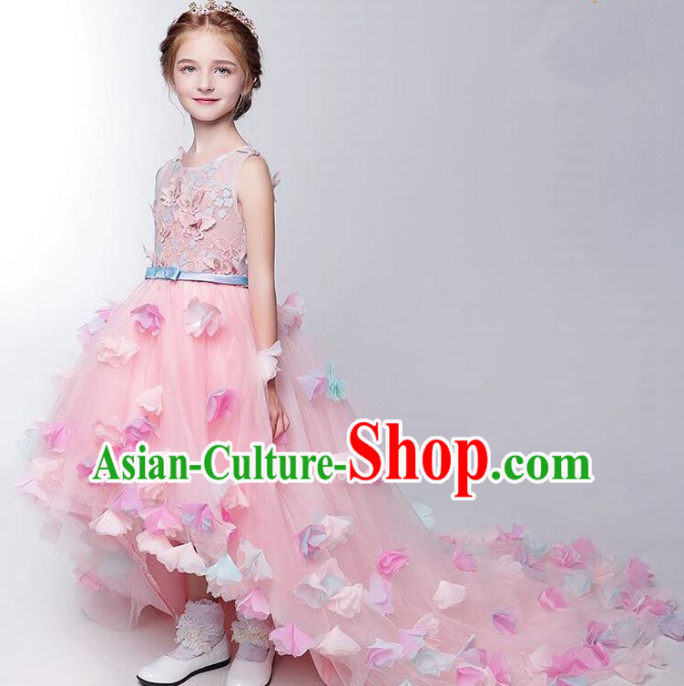 Children Christmas Model Show Dance Costume Flower Fairy Pink Trailing Dress, Ceremonial Occasions Catwalks Princess Full Dress for Girls
