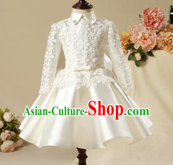 Children Model Show Dance Costume Embroidered White Lace Satin Dress, Ceremonial Occasions Catwalks Princess Full Dress for Girls