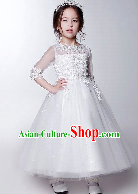 Children Model Show Dance Costume White Bubble Dress, Ceremonial Occasions Catwalks Princess Full Dress for Girls