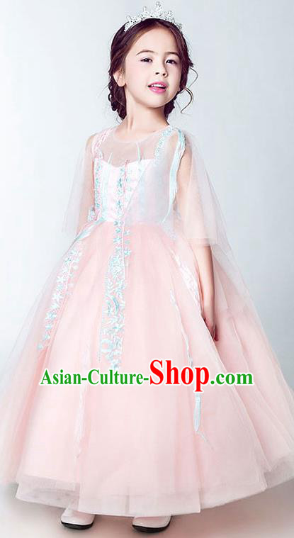 Children Christmas Model Show Dance Costume Embroidered Veil Pink Dress, Ceremonial Occasions Catwalks Princess Full Dress for Girls