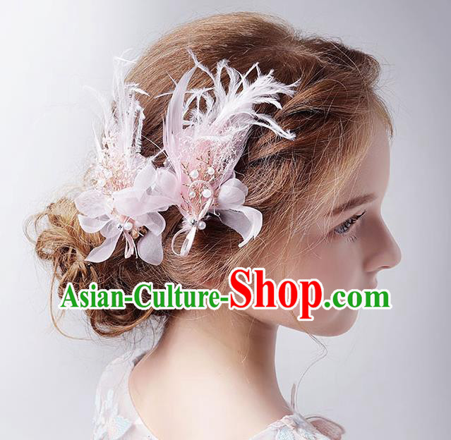 Handmade Children Hair Accessories Pink Feather Flowers Hair Stick, Princess Halloween Model Show Headwear for Kids