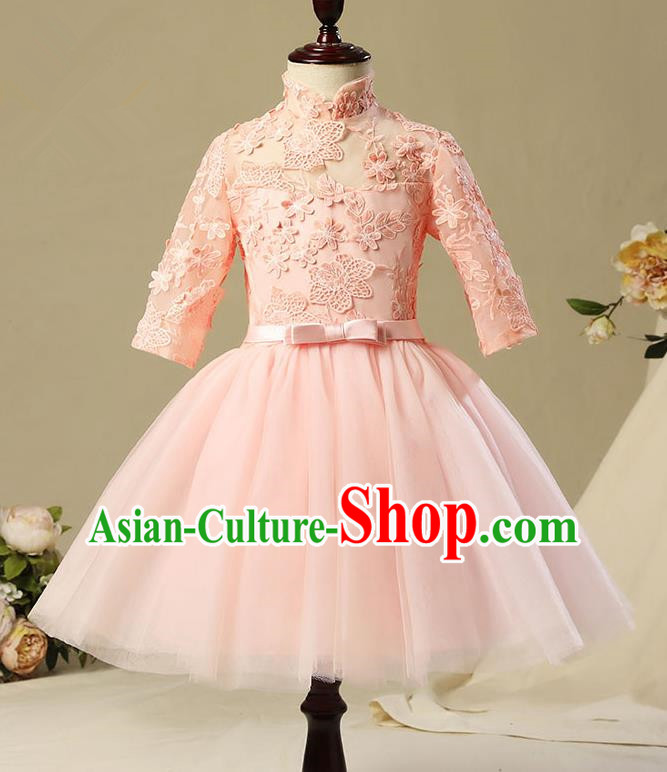 Children Model Show Dance Costume Pink Lace Short Dress, Ceremonial Occasions Catwalks Princess Full Dress for Girls