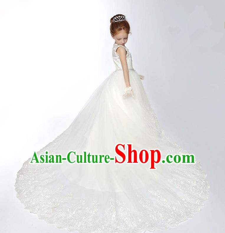 Children Model Show Dance Costume White Veil Trailing Dress, Ceremonial Occasions Catwalks Princess Full Dress for Girls