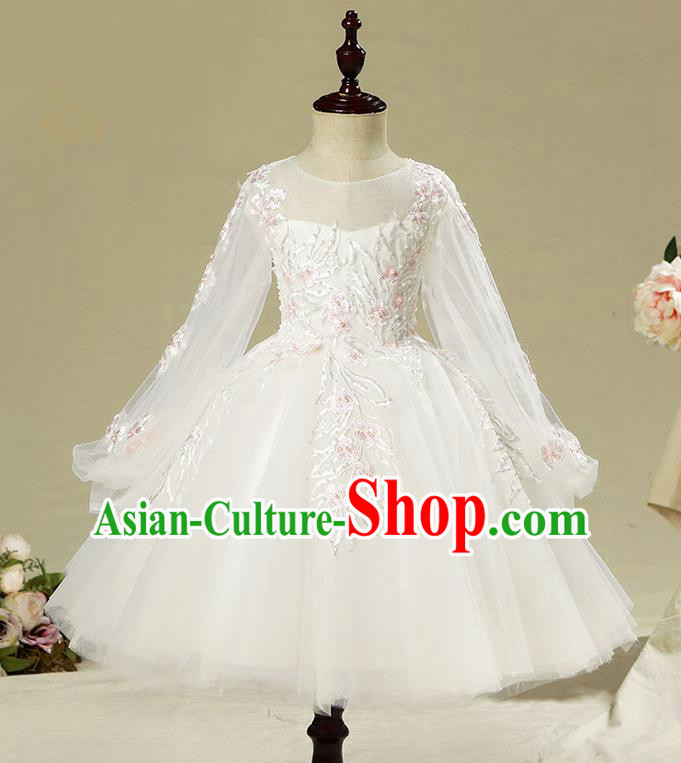 Children Model Show Dance Costume Long Sleeve White Dress, Ceremonial Occasions Catwalks Princess Full Dress for Girls