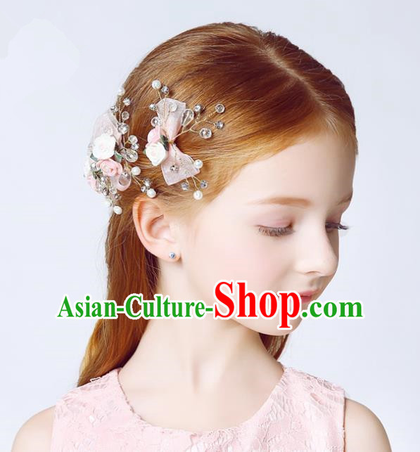 Handmade Children Hair Accessories Pink Flowers Bowknot Hair Clasp, Princess Halloween Model Show Headwear for Kids