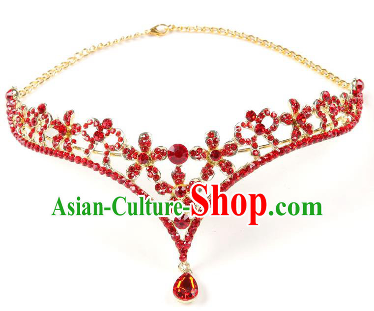 Handmade Children Hair Accessories Red Crystal Royal Crown Frontlet, Princess Halloween Model Show Hair Clasp Headwear for Kids