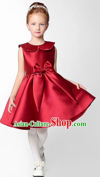 Children Model Show Dance Costume Red Satin Dress, Ceremonial Occasions Catwalks Princess Full Dress for Girls