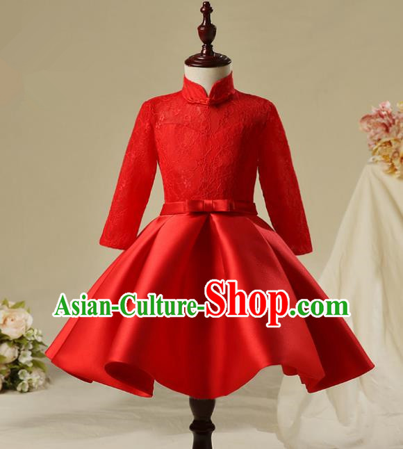 Children Model Show Dance Costume Red Lace Dress, Ceremonial Occasions Catwalks Princess Full Dress for Girls