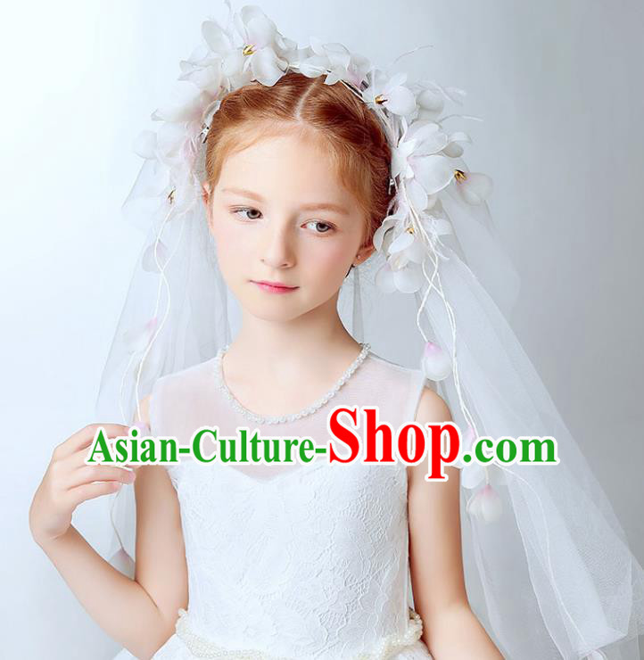 Handmade Children Hair Accessories Flowers Head Bridal Veil, Princess Halloween Model Show Hair Clasp Headwear for Kids