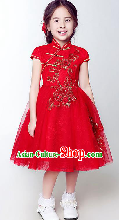 Children Model Show Dance Costume Red Beading Cheongsam, Ceremonial Occasions Catwalks Princess Full Dress for Girls