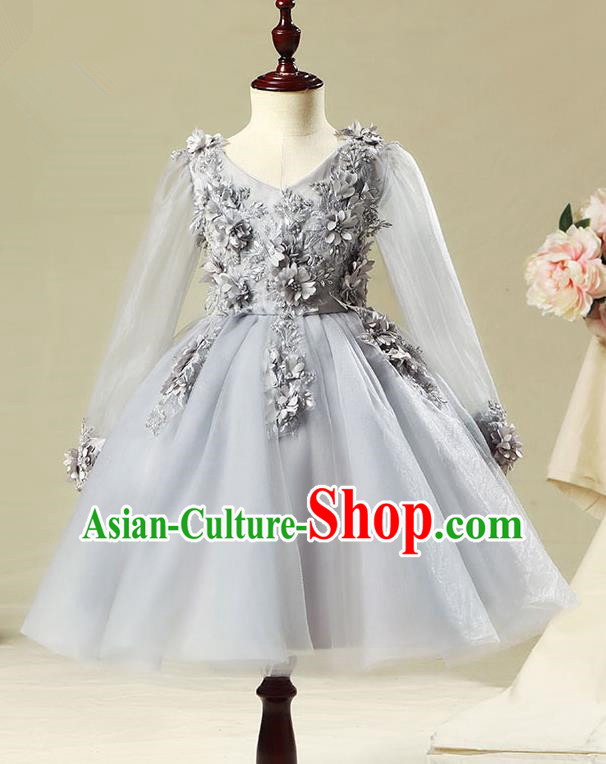 Children Model Show Dance Costume Flowers Fairy Grey Dress, Ceremonial Occasions Catwalks Princess Full Dress for Girls
