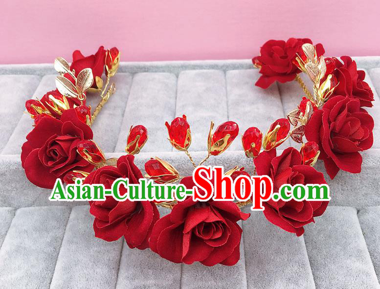 Handmade Children Hair Accessories Red Rose Royal Crown, Princess Halloween Model Show Hair Clasp Headwear for Kids