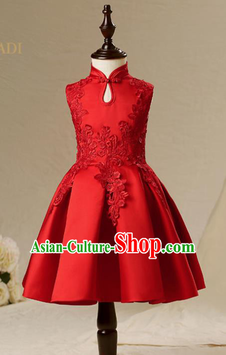 Children Model Show Dance Costume Red China Cheongsam, Ceremonial Occasions Catwalks Princess Full Dress for Girls