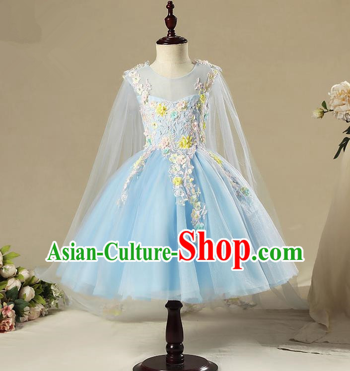 Children Model Show Dance Costume Blue Veil Bubble Full Dress, Ceremonial Occasions Catwalks Princess Dress for Girls