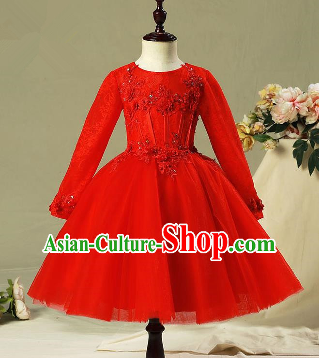 Children Model Show Dance Costume Red Veil Bubble Full Dress, Ceremonial Occasions Catwalks Princess Dress for Girls