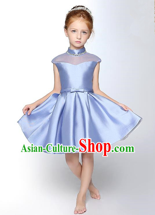 Children Model Show Dance Costume Crystal Blue Satin Full Dress, Ceremonial Occasions Catwalks Princess Dress for Girls