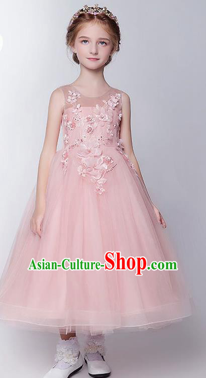 Children Model Show Dance Costume Embroidery Peach Blossom Pink Full Dress, Ceremonial Occasions Catwalks Princess Veil Dress for Girls