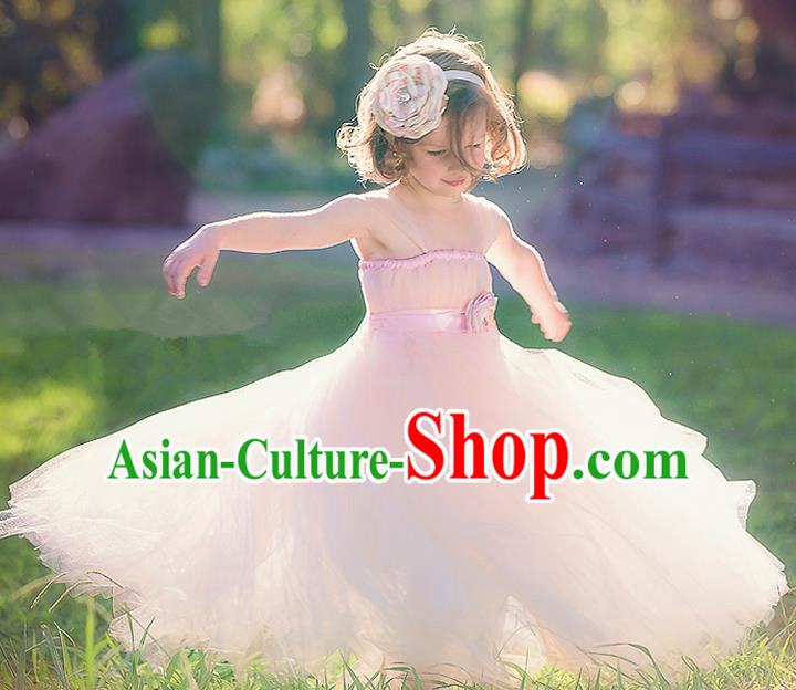 Children Model Show Dance Costume Pink Veil Full Dress, Ceremonial Occasions Catwalks Princess Dress for Girls