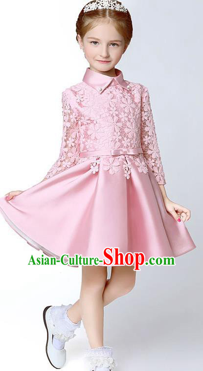 Children Model Show Dance Costume Pink Embroidery Full Dress, Ceremonial Occasions Catwalks Princess Bubble Dress for Girls