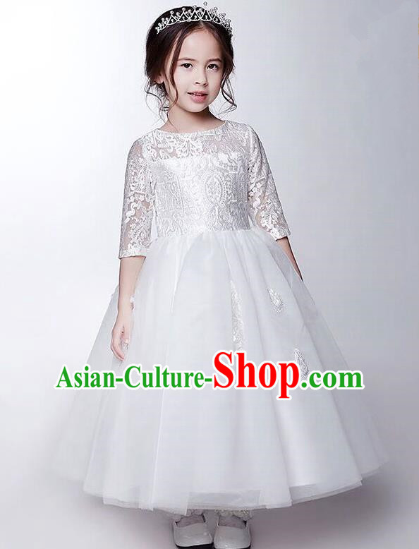 Children Model Show Dance Costume White Long Full Dress, Ceremonial Occasions Catwalks Princess Embroidery Dress for Girls