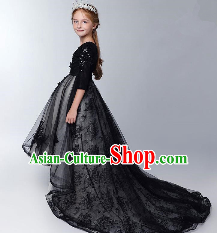 Children Model Show Dance Costume Black Lace Trailing Full Dress, Ceremonial Occasions Catwalks Princess Embroidery Dress for Girls