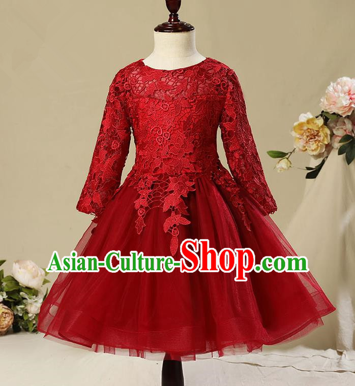 Children Model Show Dance Costume Red Veil Bubble Full Dress, Ceremonial Occasions Catwalks Princess Embroidery Dress for Girls