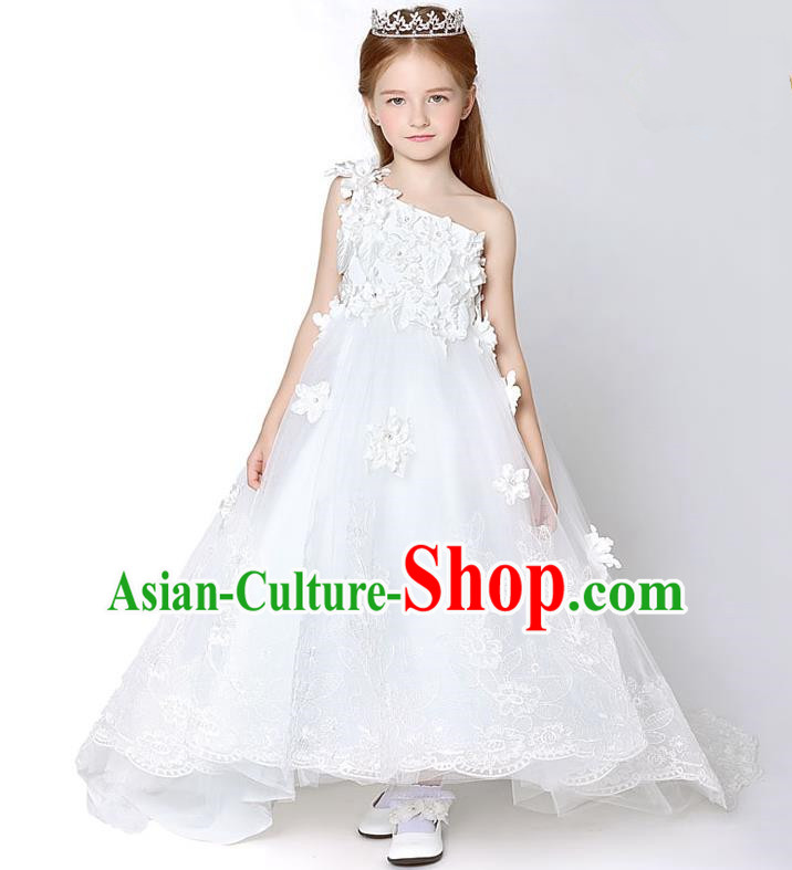 Children Model Show Dance Costume White One-shoulder Trailing Full Dress, Ceremonial Occasions Catwalks Princess Embroidery Dress for Girls